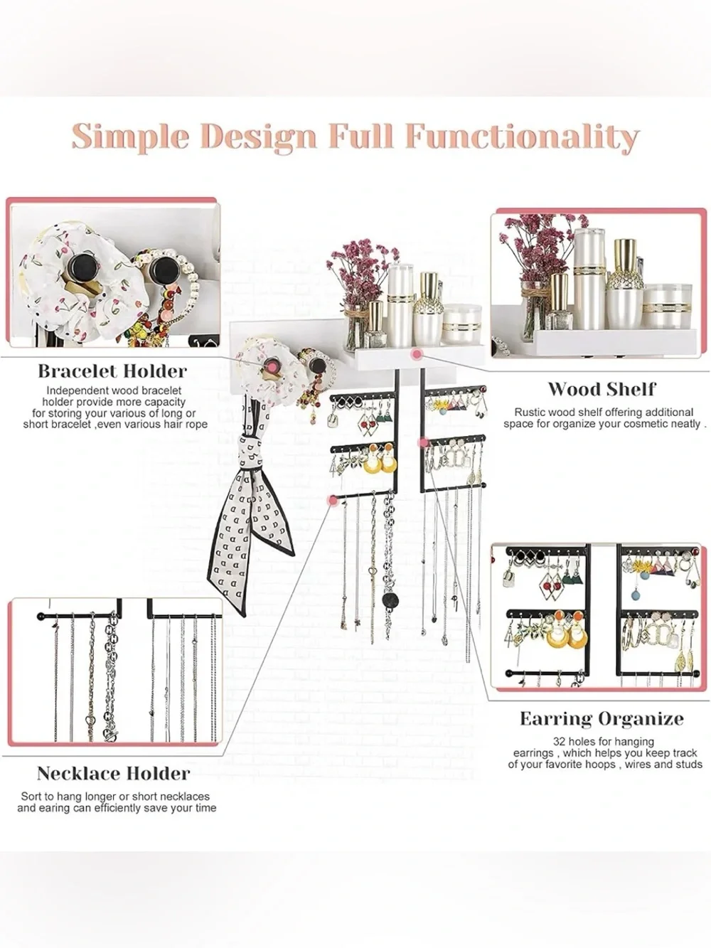 Wall-Mounted Jewelry & Accessory Organizer - White and Black